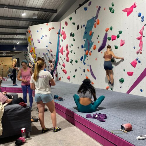 A group of adults bouldering indoor in Swansea.